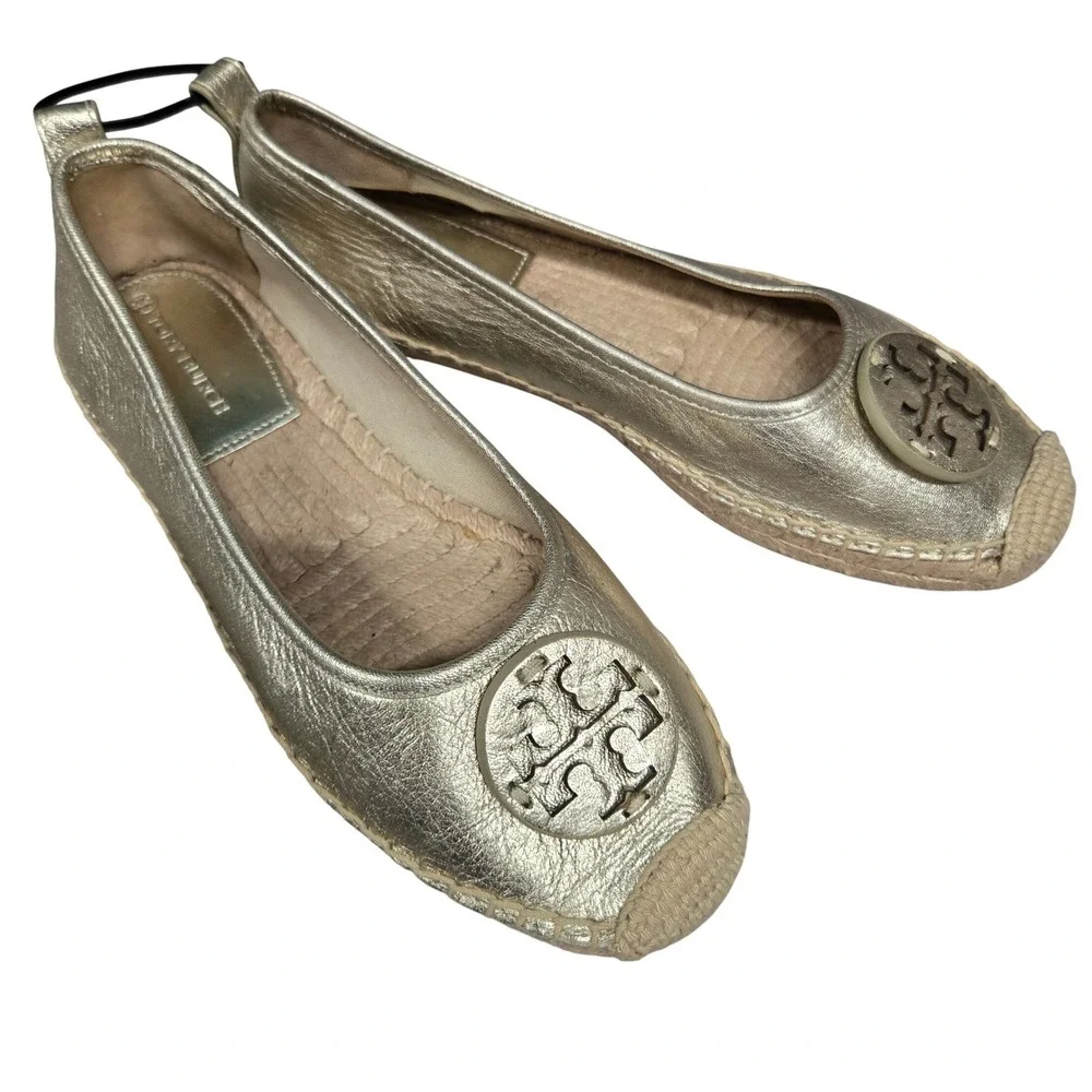 Tory Burch Metallic Gold Leather Espadrille Flats Logo Medallion Women's  Size 8